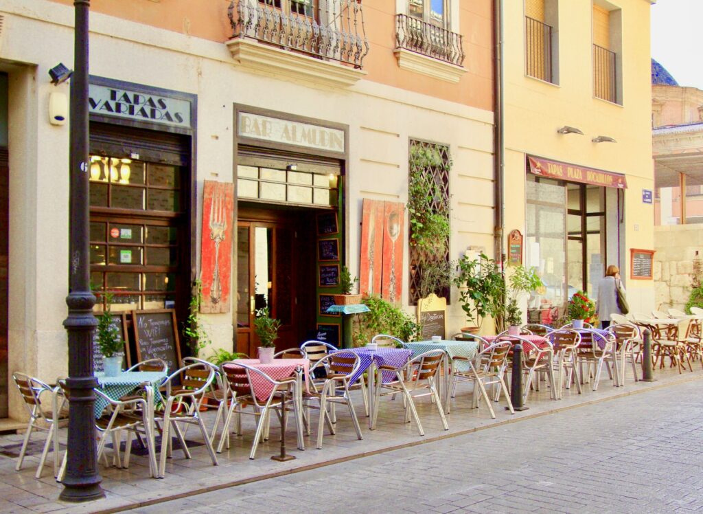 Colorful street seating at a restaurant